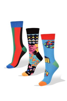 Picture of 3 Pairs of Socks: Vertical Stripes, Modern Art and Rubrik Cube  